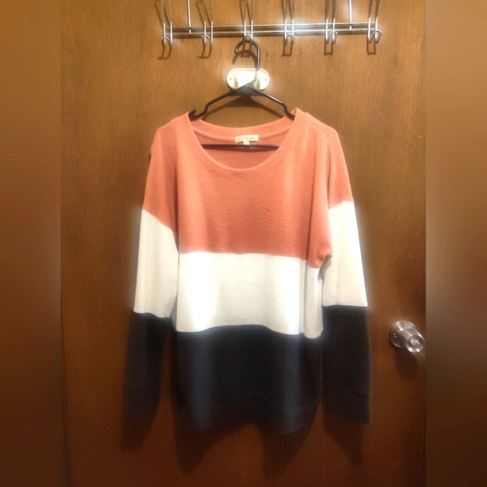 Pink and White Crew Neck Sweater with Colorblock Design